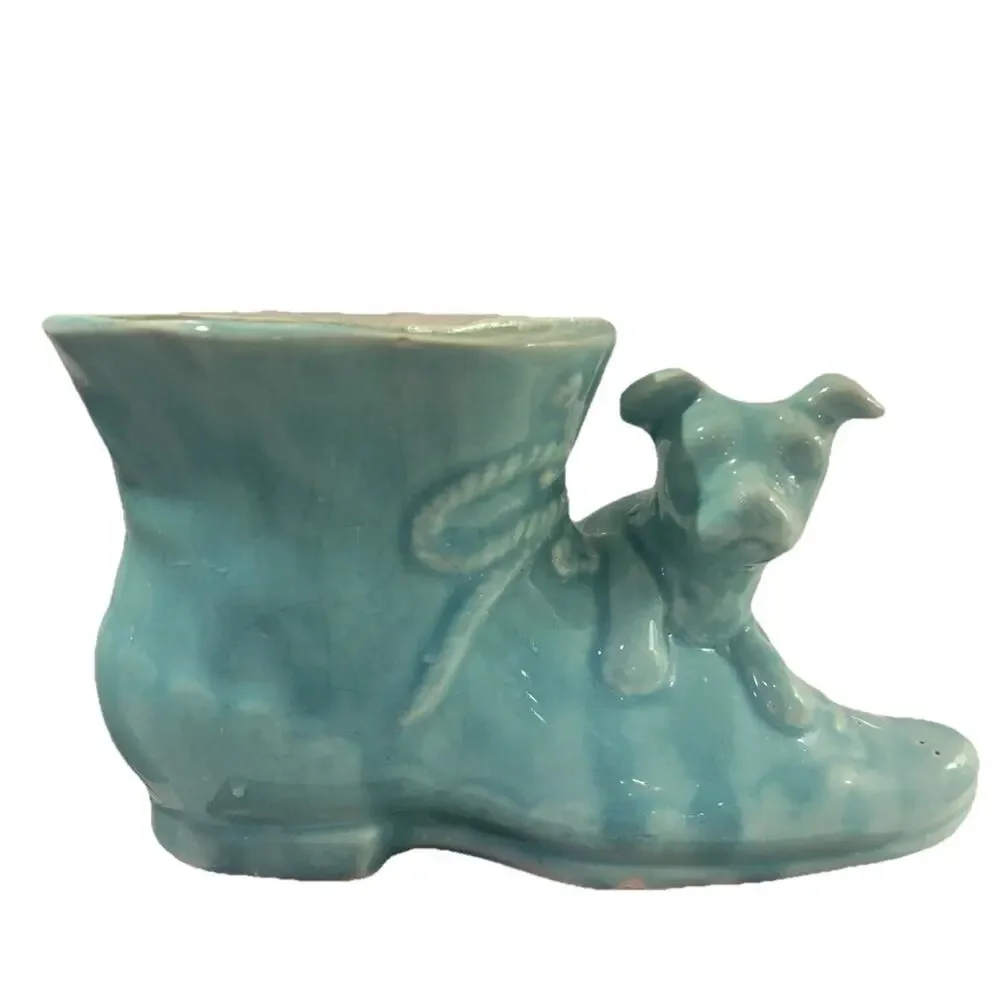 Vintage USA‎ Pottery Blue Ceramic Shoe With Dog Planter With Bow